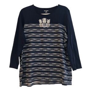 Kim Rogers Navy Pineapple Crew Neck Top Quarter Sleeves Size XXL